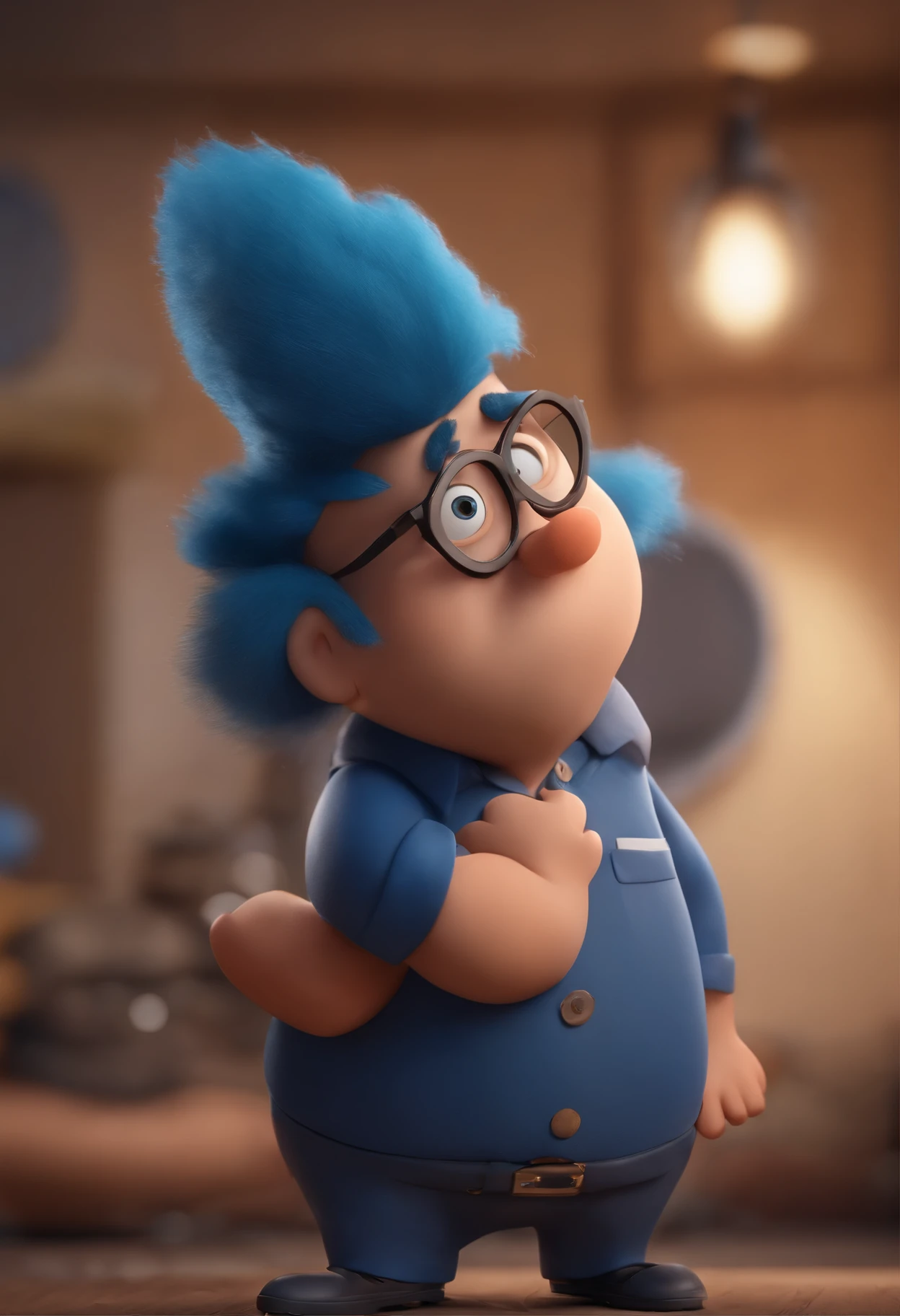 Cartoon character of a man wearing black glasses and a blue shirt, um personagem animado, Caractere estilizado, animation style rendering, 3D estilizado, Arnold Maya render, 3 d render stylized, toon render keyshot, Personagem 3D, Personagem 3D, 3d rendering stylized, 3 d character render, personagem de desenho animado, Personagem de close up, Pose de personagem, (Estilo Pixar) (master part:1.2) (Bokeh) (best quality) (pele detalhada) (textura detalhada) (8k) (argila) (Cinematic lighting) (foco nítido,Senta e vaza a parte superior do corpo