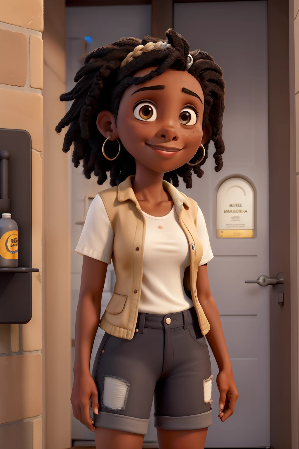 young adult on average age 33 years, pele negra, cabelo curto com a lateral raspada, medium brown eyes, segurando uma baqueta de bateria, dentro de uma igreja com uma cruz de fundo.