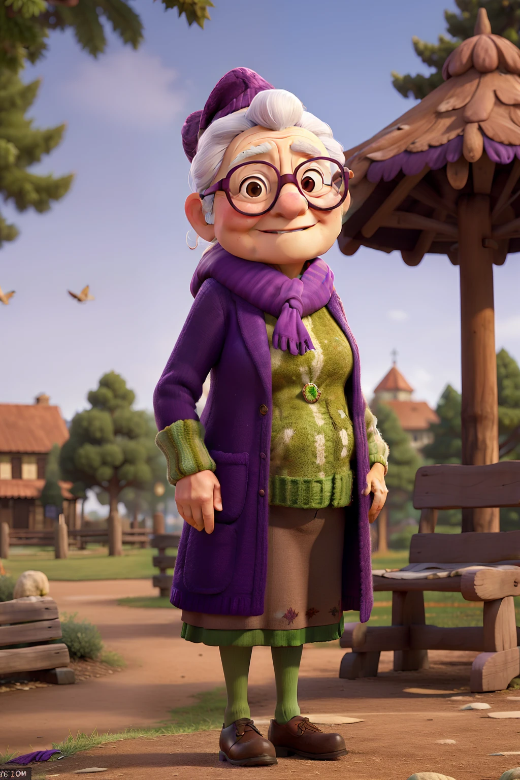 masterpiece, best quality, an old woman with glasses and a scarf on, wearing a purple coat and green scarf, standing at the park