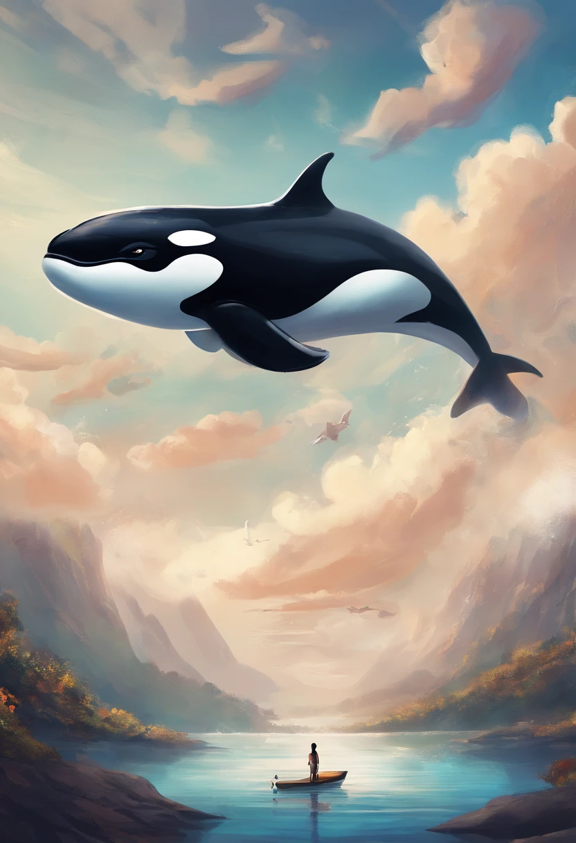 An orca floating in the sky with clouds and a  girl obeeting her, tons pasteis