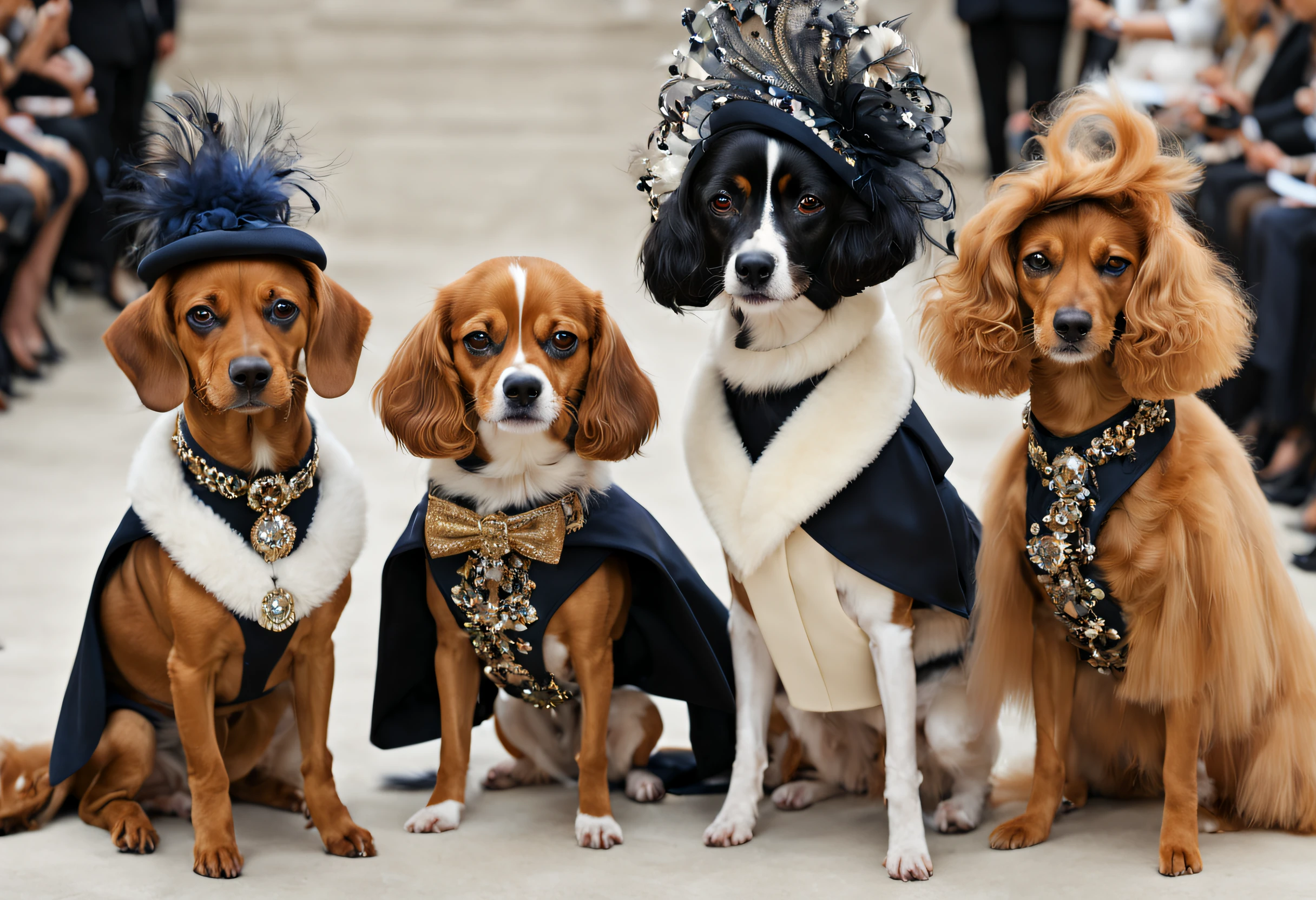 A dog fashion show,(best quality,4k,8k,highres,masterpiece:1.2),ultra-detailed,(realistic,photorealistic,photo-realistic:1.37),glamorous,dressed-up dogs,vibrant colors,runway,couture outfits,stylish accessories,catwalk,celebrity judges,posh and elegant breeds,trendy fashionistas,doggy divas,fierce competition,fabulous attires,sparkling collars and leashes,dog models strutting,extravagant headpieces,dapper bowties,fancy tutus,designer gowns,dashing tuxedos,high fashion,pet fashionistas,supportive audience,enthusiastic applause,fashion-forward canines,stylish pawdicures,professional photographers,camera flashes,the latest trends,doggy influencers,red carpet glamour,canine elegance,pawsome makeovers.