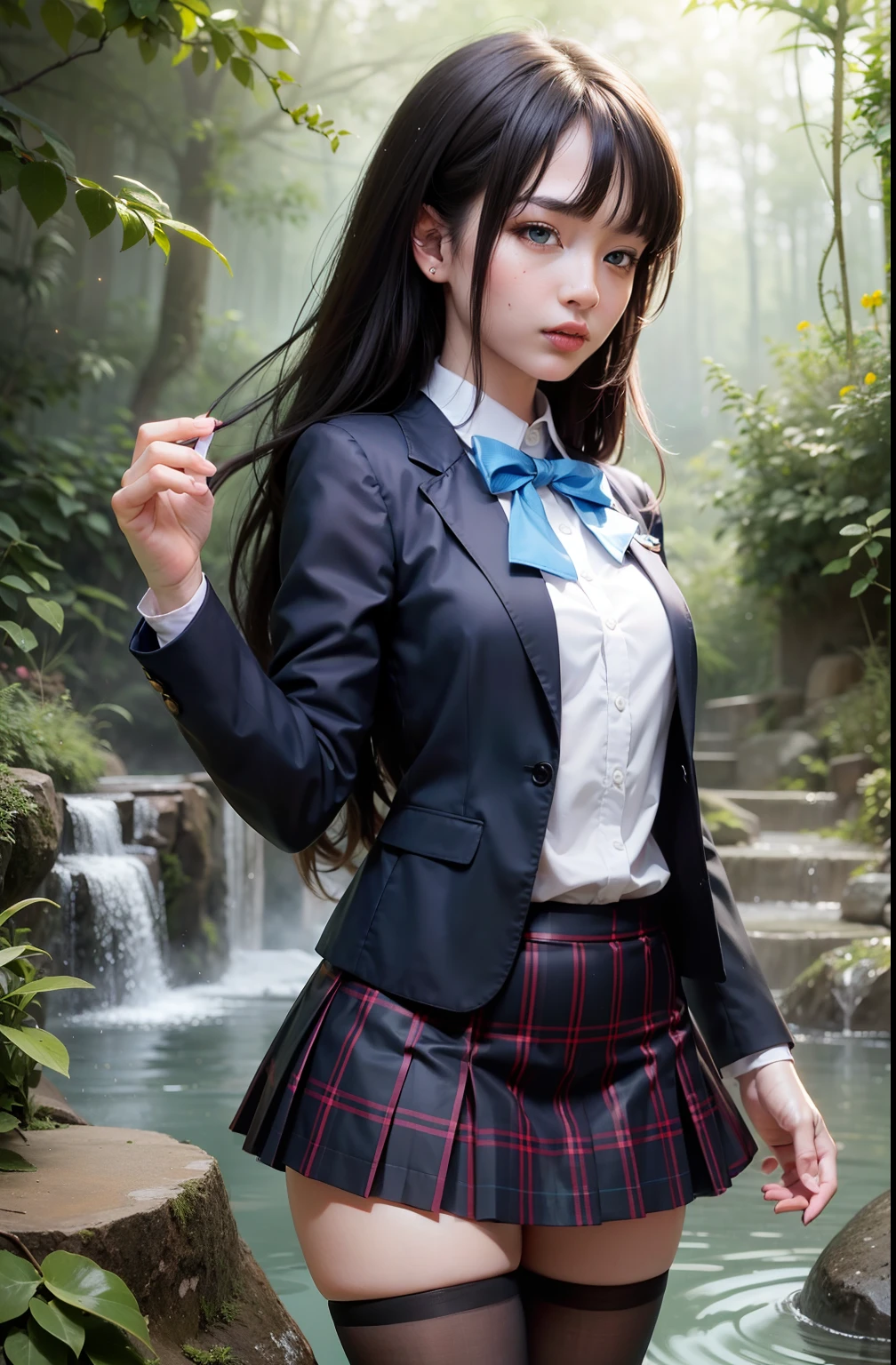 masterpiece, best quality, ultra-detailed, beautiful lighting, 1girl, bangs, (black_jacket:1.2), (blazer:1.1), blue_eyes, perfect eyes, bow, bowtie, perky breasts, black_hair, unbuttoned_shirt, jacket, looking_at_viewer, plaid_skirt, pleated_skirt, loose_red_bow, loose_red_bowtie, school_uniform, shirt, long_hair, skirt, solo, stairs, standing, white_shirt, facing viewer, (black thigh high socks), petite, very small perky breasts, ((blue eyes)), black knee long hair, black cotton knee high socks, (yukino yukinoshita), school uniform, parted lips, (legs apart:1.5), art by artgerm and ruan jia and greg rutkowski surreal painting, detailed, skin texture, hyper-detailed, realistic skin texture, side view, garden, (lying in a hot spring:1.5), forest, clear water, head down, flustered, drenched