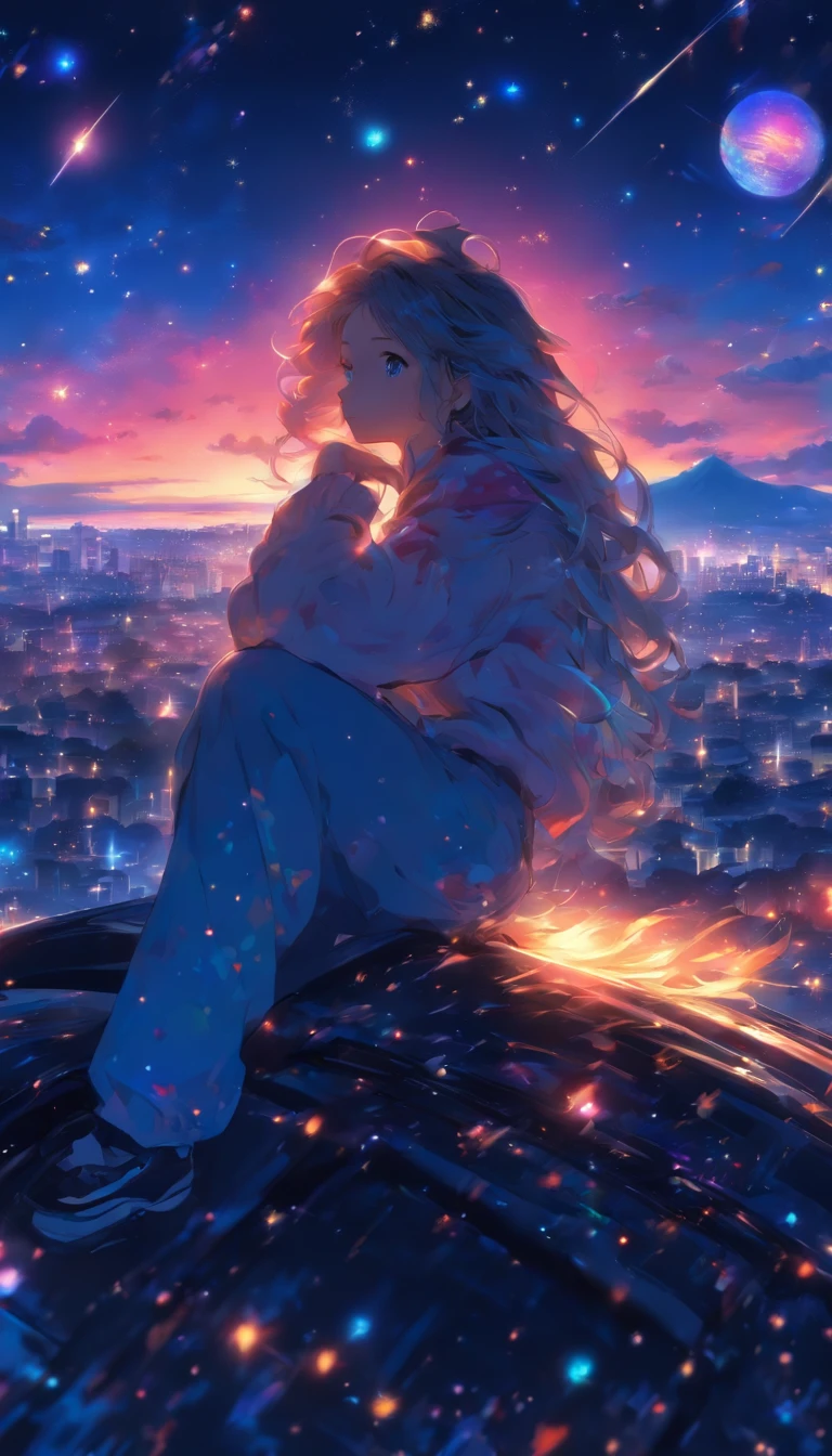 Woman leaning against a car. Long hair. Sad expression. Profile. Fantastic sky. A clear sky. Floating stars and planets. Fantastic. High quality down to the smallest detail. Fantastic landscapes . People far away