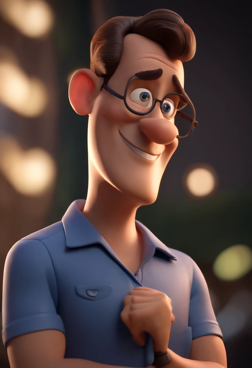 Cartoon character of a man wearing black glasses and a blue shirt, um personagem animado, Caractere estilizado, animation style rendering, 3D estilizado, Arnold Maya render, 3 d render stylized, toon render keyshot, Personagem 3D, Personagem 3D, 3d rendering stylized, 3 d character render, personagem de desenho animado, Personagem de close up, Pose de personagem, (Estilo Pixar) (master part:1.2) (Bokeh) (best quality) (pele detalhada) (textura detalhada) (8k) (argila) (Cinematic lighting) (foco nítido