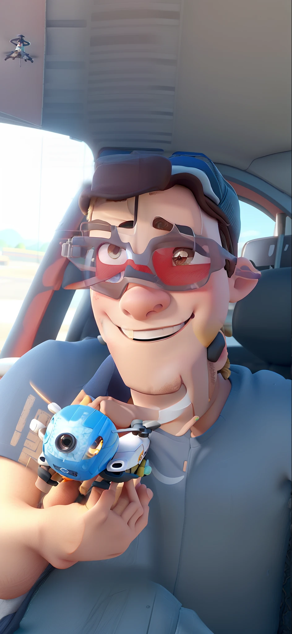 Brunette boy with cap on his head, estilo Disney Pixar, segurando um drone dji mini 3, Behind it is a highway with a large building, alta qualidade, melhor qualidade
