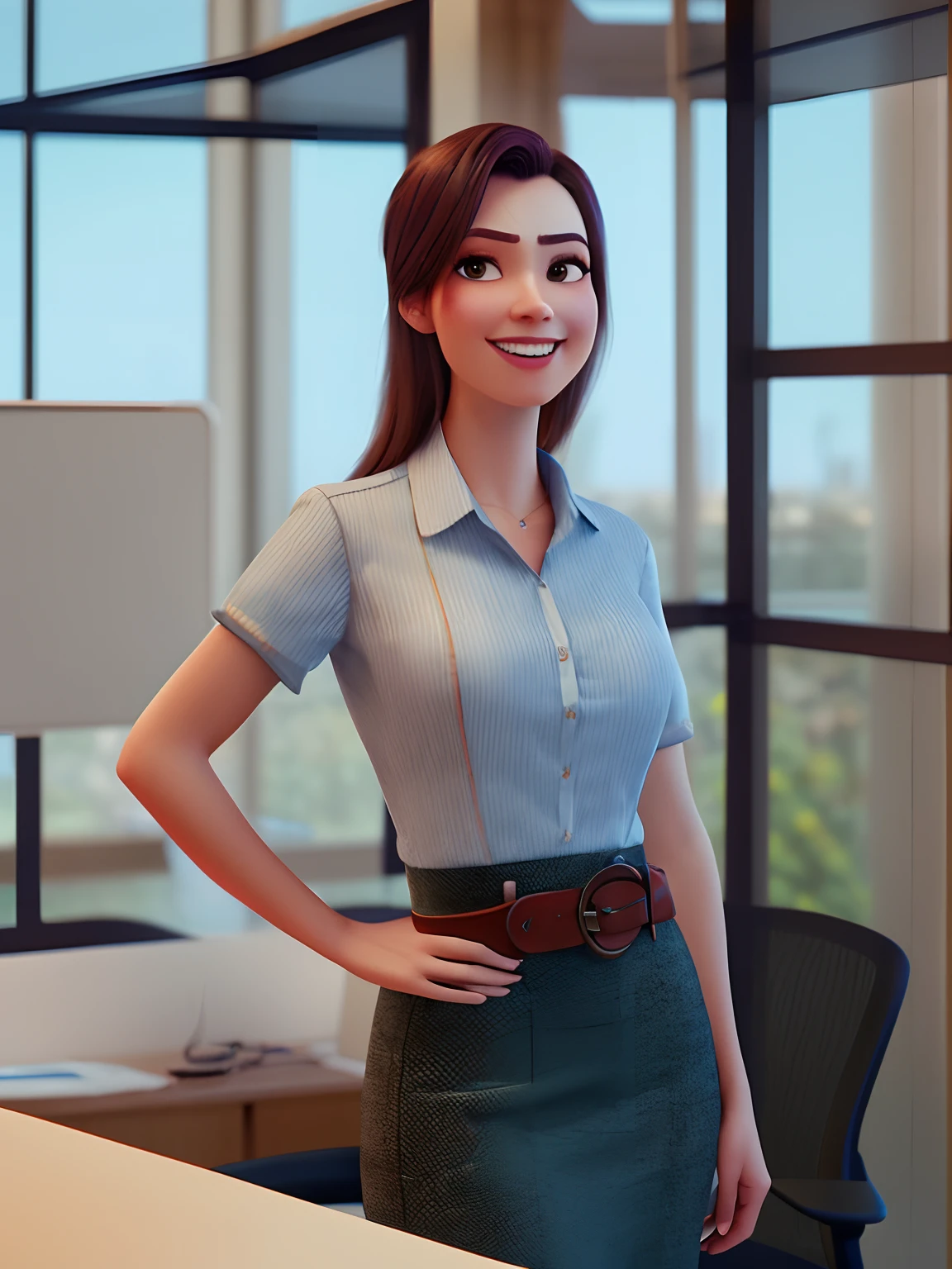 pixarstyle a waist-length portrait of a young woman in a office shirt, smile, office, natural skin texture, 4k textures, hdr, intricate, highly detailed, sharp focus, cinematic look, hyperdetailed