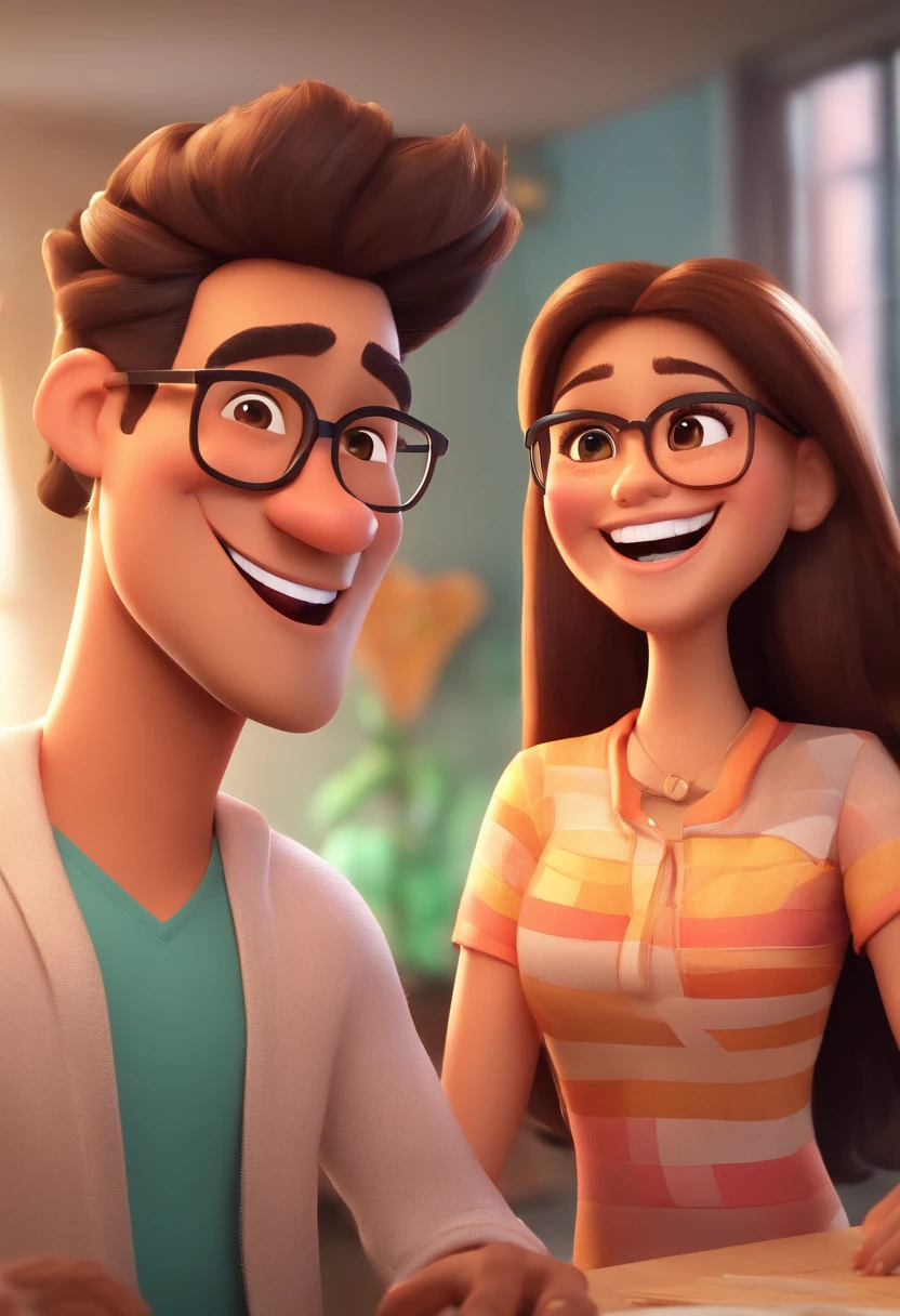 An illustration of an adorable couple, Highlight for a chubby mulatto man with glasses smiling and a brunette woman with beautiful expressive eyes - the man's skin is mulatto and the man's hair haswhile the woman's skin is black and the woman's hair is straight and brown. They are a bright room, cada um com um sorriso no rosto, e compartilhar um momento especial caracterizado pelo amor, Insights. Illustrate this scene from a perspective where they are facing the camera, Smiling and Showing Your Connection. Desenvolva esta arte em Full HD, Focus on your cinematic touch, Estilo Disney Pixar Animations