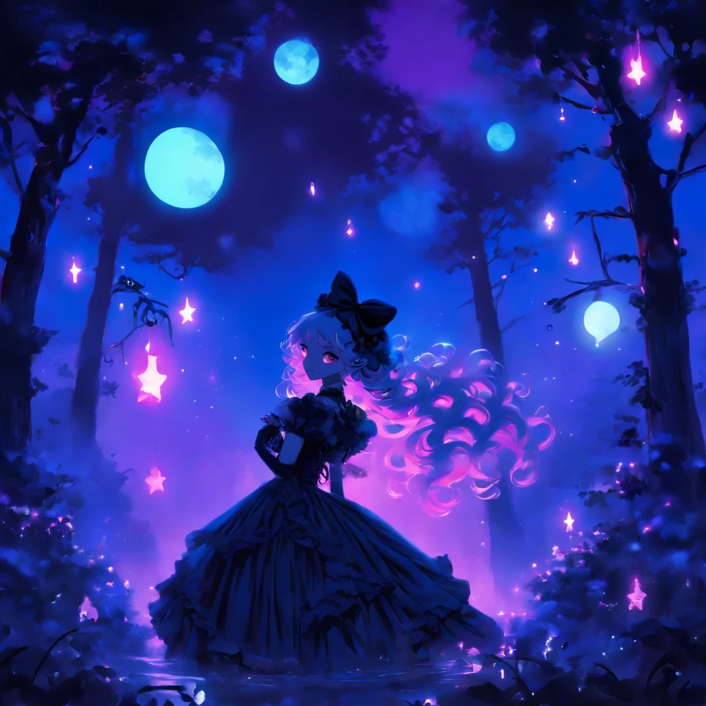 In a moonlit night, a blue-haired gothic ta casting glowing purple spells. Her eyes, detailed and captivating, filled with determination and a touch of mischief. Her lips, beautifully detailed, curled into an enchanting smile. The intricate lace and ruffles of her gothic lolittire complement her ethereal presence.

The scene is bathed in an otherworldly glow, with the moon's soft light illuminating the surroundings. A misty forest provides a mysterious backdrop, its trees casting long, eerie shadows. The air is heavy with magic, as swirling purple spells emanate from the lolita'sds.

The artwork showcases the finest craftsmanship, with ultra-detailed strokes bringing the lolita's encing presence to life. The colors are vivid, with the purple spells contrasting against the dark blues and blacks of the night. The lighting creates a dramatic atmosphere, emphasizing the magical aura surrounding the lolita.

The medused for this artwork is a mix of digital illustration and photorealistic rendering. The combination of these techniques creates a unique style that blends fantasy and reality. The attention to detail and the use of physically-based rendering techniques add depth and realism to the artwork.

The overall artistic style is a fusion of gothic and fantasy elements. It portrays a sense of mystery and allure, capturing the essence of the gothic lolita subculture. Tolor palette is dominated by shades of blue and purple, enhancing the magical atmosphere of the scene.

This prompt aims to generate a high-quality, detailed artwork. The emphasis on realism and the use of professional techniques ensure that every aspect of the artwork is meticulously crafted. The result is a masterpiece that transports the viewer into a world of magical possibilities.

Tags: blue-haired, gothic lolita, glowing purple ss, moonlight, detailed eyes, detailed lips, misty forest, swirling spells, enchanting smile, intricate lace, ruffles, ethereal presence, otherwor