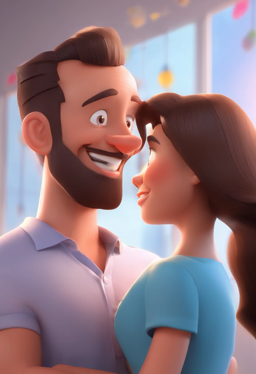 An illustration of an adorable couple, destacando um homem e uma mulher com bonito, Expressive eyes – the man's skin is black and the man's hair is bald and black, while the woman's skin is black and the woman's hair is curly and brown. They are a bright room, cada um com um sorriso no rosto, e compartilhar um momento especial caracterizado pelo amor, arroz, e insights educacionais. Illustrate this scene from a perspective where they are facing away from the camera, Showing Your Connection. Desenvolva esta arte em Full HD, Focus on your cinematic touch, Estilo Disney Pixar Animations