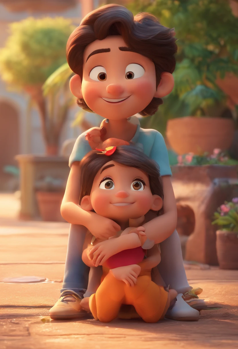 An illustration of an adorable couple, destacando um homem e uma mulher com bonito, Expressive eyes – the man's skin is black and the man's hair is bald and black, while the woman's skin is black and the woman's hair is curly and brown. They are a bright room, cada um com um sorriso no rosto, e compartilhar um momento especial caracterizado pelo amor, arroz, e insights educacionais. Illustrate this scene from a perspective where they are facing away from the camera, Showing Your Connection. Desenvolva esta arte em Full HD, Focus on your cinematic touch, Estilo Disney Pixar Animations