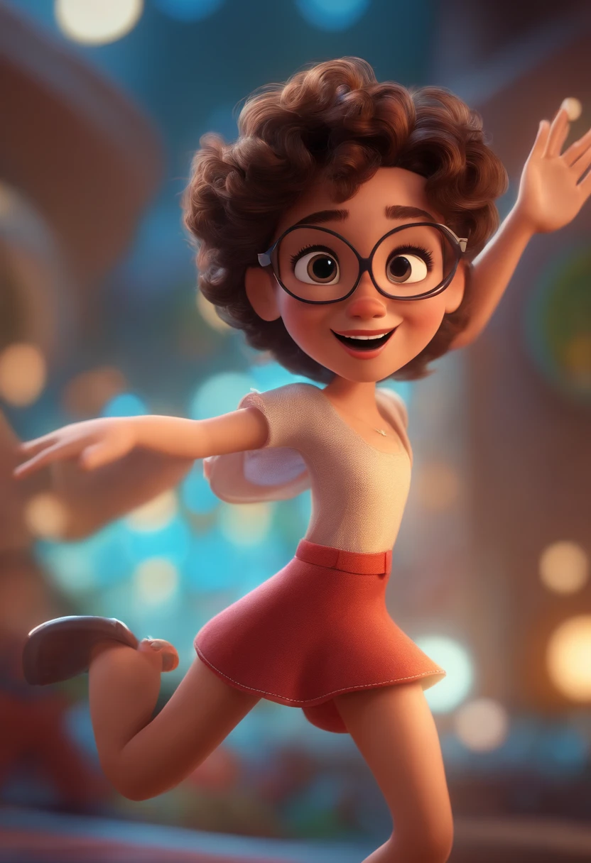 Pixar style image with 3D character white glasses brunette woman short curly hair dancing, Maquiagem Disney,Pescador, bonitinho, sorridente ,Close-up, Pixar, Disney, Cinema lighting,