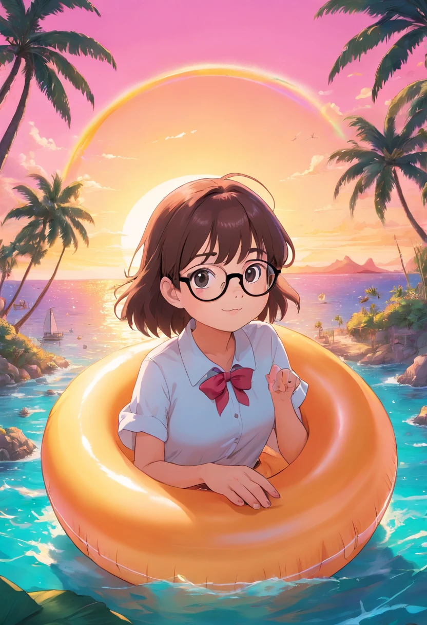 Smart Duck wearing glasses in an inflatable ring, Beautiful sea, Sunset in pink tones , Against the backdrop of an island with palm trees
