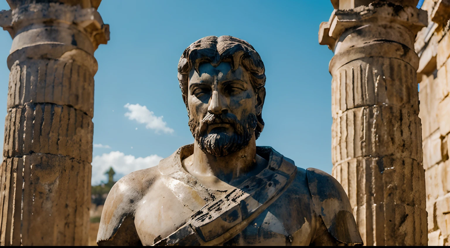 Ancient Stoic Statue With Very Angry Expression, tem barba, muitos detalhes em ambos os olhos, Outside, fundo atenas grego, open sky, com rosto extremamente detalhado full body view, Colors with low saturation with dark tone, Filmado em Sony A7S III com Sony FE 35mm f/1.8, 12.1 MP, --AR 3:2 --estilo cru
