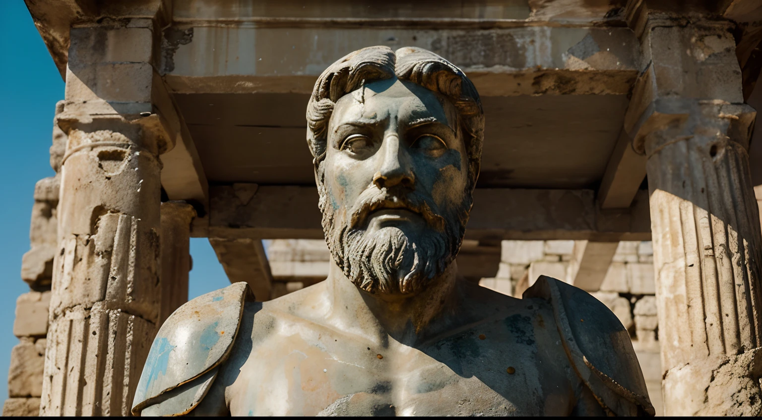 Ancient Stoic Statue With Very Angry Expression, tem barba, muitos detalhes em ambos os olhos, Outside, fundo atenas grego, open sky, com rosto extremamente detalhado full body view, Colors with low saturation with dark tone, Filmado em Sony A7S III com Sony FE 35mm f/1.8, 12.1 MP, --AR 3:2 --estilo cru