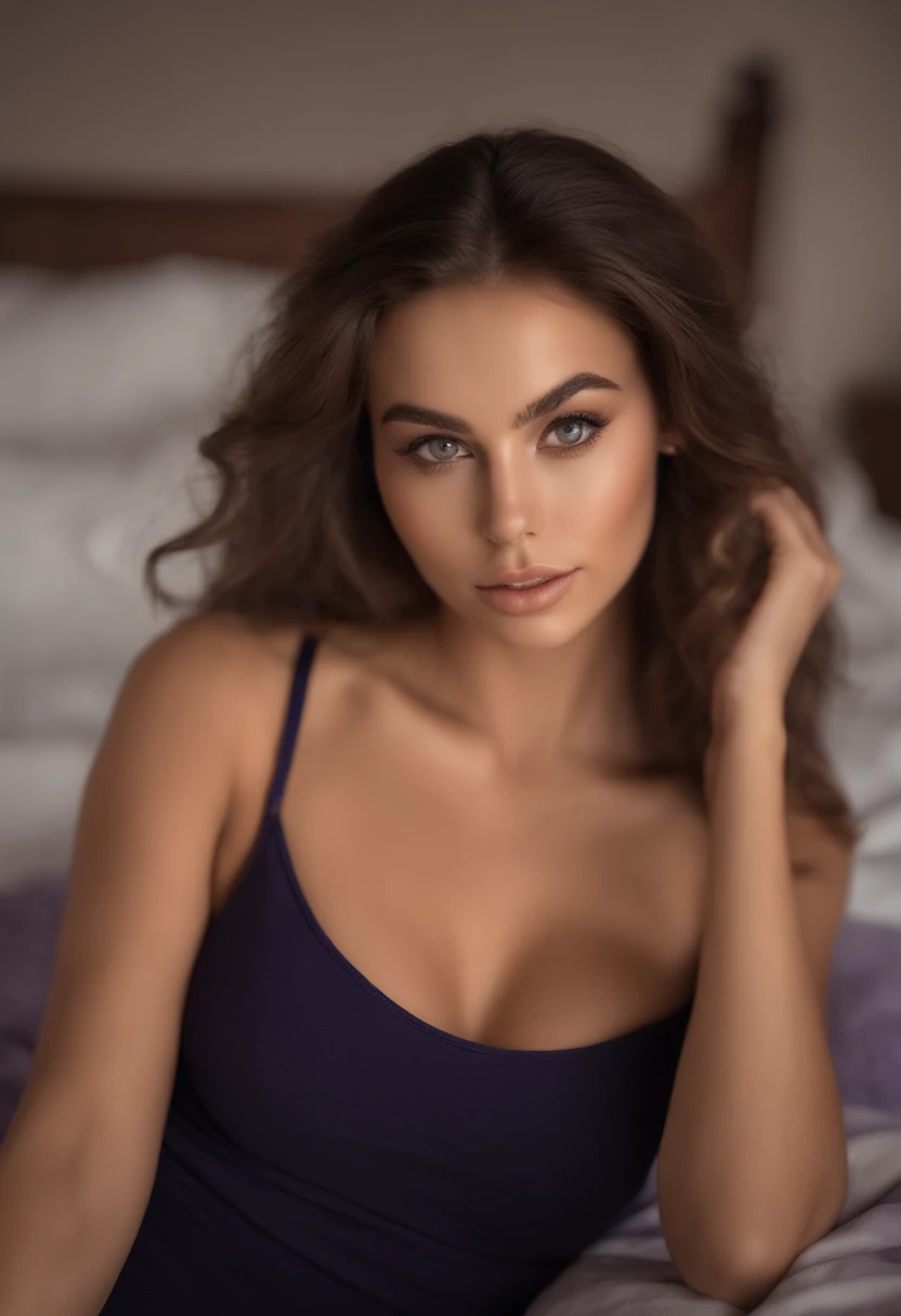 arafed woman with matching tank top and panties, sexy girl with brown eyes, portrait sophie mudd, brown hair and large eyes, selfie of a young woman, bedroom eyes, violet myers, without makeup, natural makeup, looking directly at the camera, face with artgram, subtle makeup, stunning full body shot, cleavage, on the beach