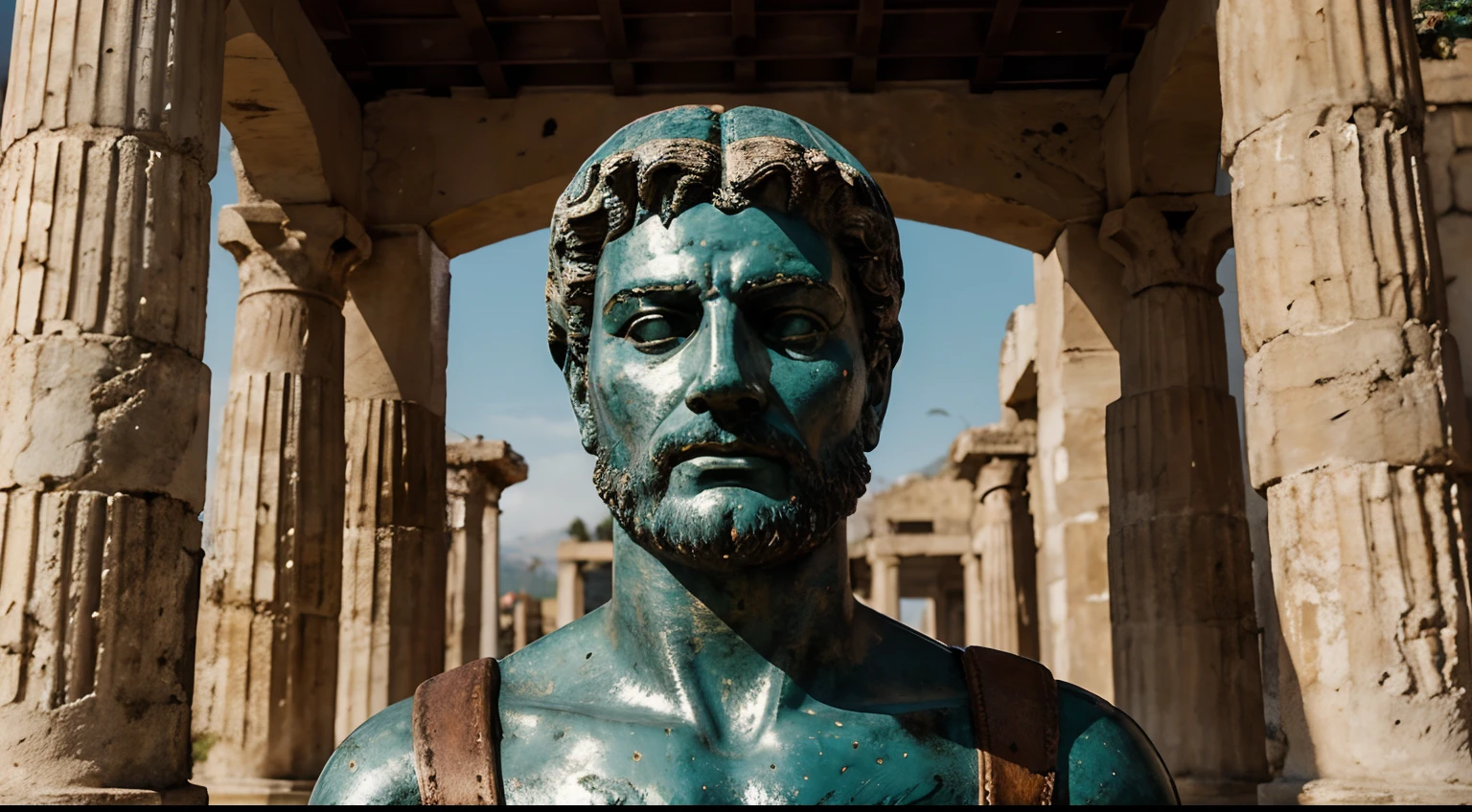 Ancient Stoic Statue With Very Angry Expression, tem barba, muitos detalhes em ambos os olhos, Outside, fundo atenas grego, open sky, com rosto extremamente detalhado full body view, Colors with low saturation with dark tone, Filmado em Sony A7S III com Sony FE 35mm f/1.8, 12.1 MP, --AR 3:2 --estilo cru