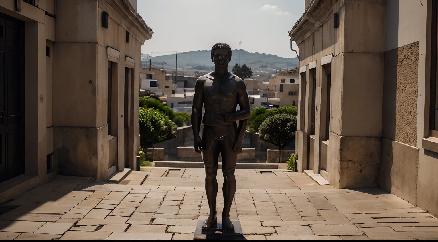 Ancient Stoic Statue With Very Angry Expression, tem barba, muitos detalhes em ambos os olhos, Outside, fundo atenas grego, open sky, com rosto extremamente detalhado full body view, Colors with low saturation with dark tone, Filmado em Sony A7S III com Sony FE 35mm f/1.8, 12.1 MP, --AR 3:2 --estilo cru