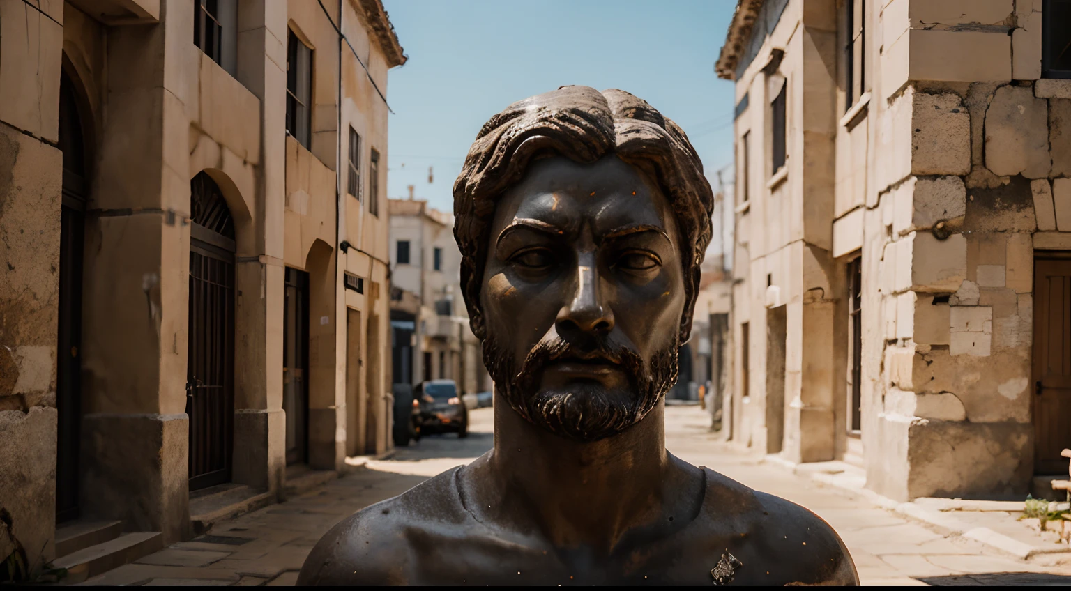 Ancient Stoic Statue With Very Angry Expression, tem barba, muitos detalhes em ambos os olhos, Outside, fundo atenas grego, open sky, com rosto extremamente detalhado full body view, Colors with low saturation with dark tone, Filmado em Sony A7S III com Sony FE 35mm f/1.8, 12.1 MP, --AR 3:2 --estilo cru