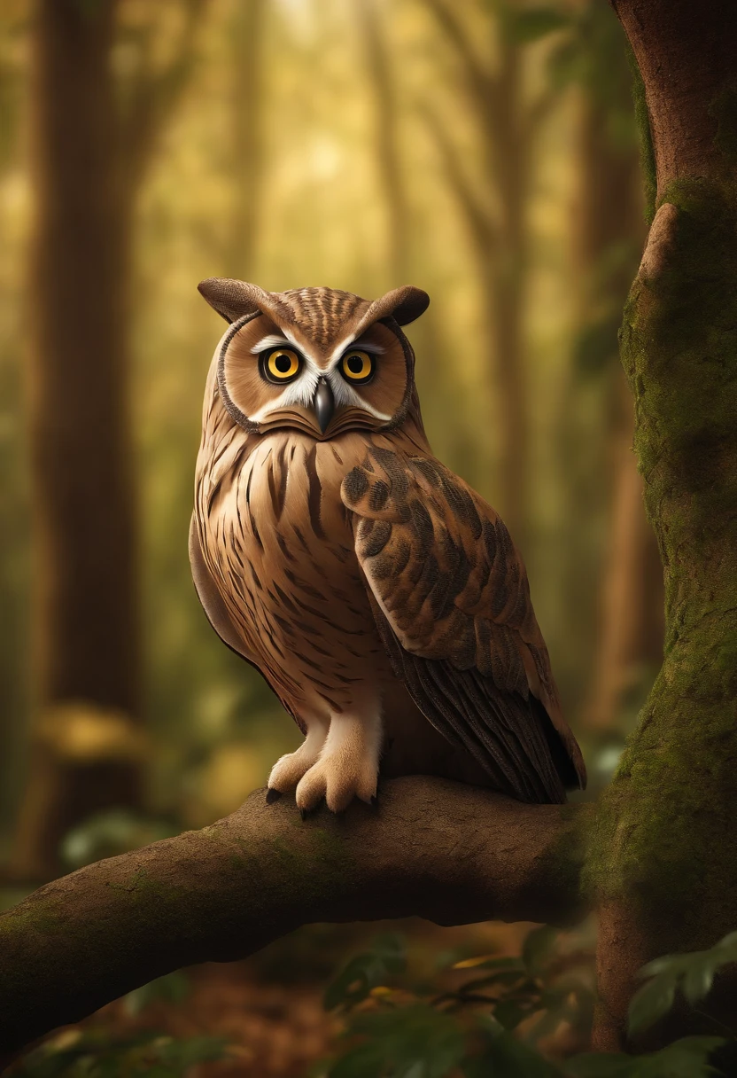 Create a 3D scene of a wise owl teacher, ensinando filhotes de coruja em uma floresta encantada. The owl teacher should be friendly and knowledgeable, with glasses and maybe holding a book or chalk. Os filhotes de coruja devem demonstrar entusiasmo pelo aprendizado. A cena 3D deve retratar a magia da floresta, with soft lighting, Ancient trees and magical elements around