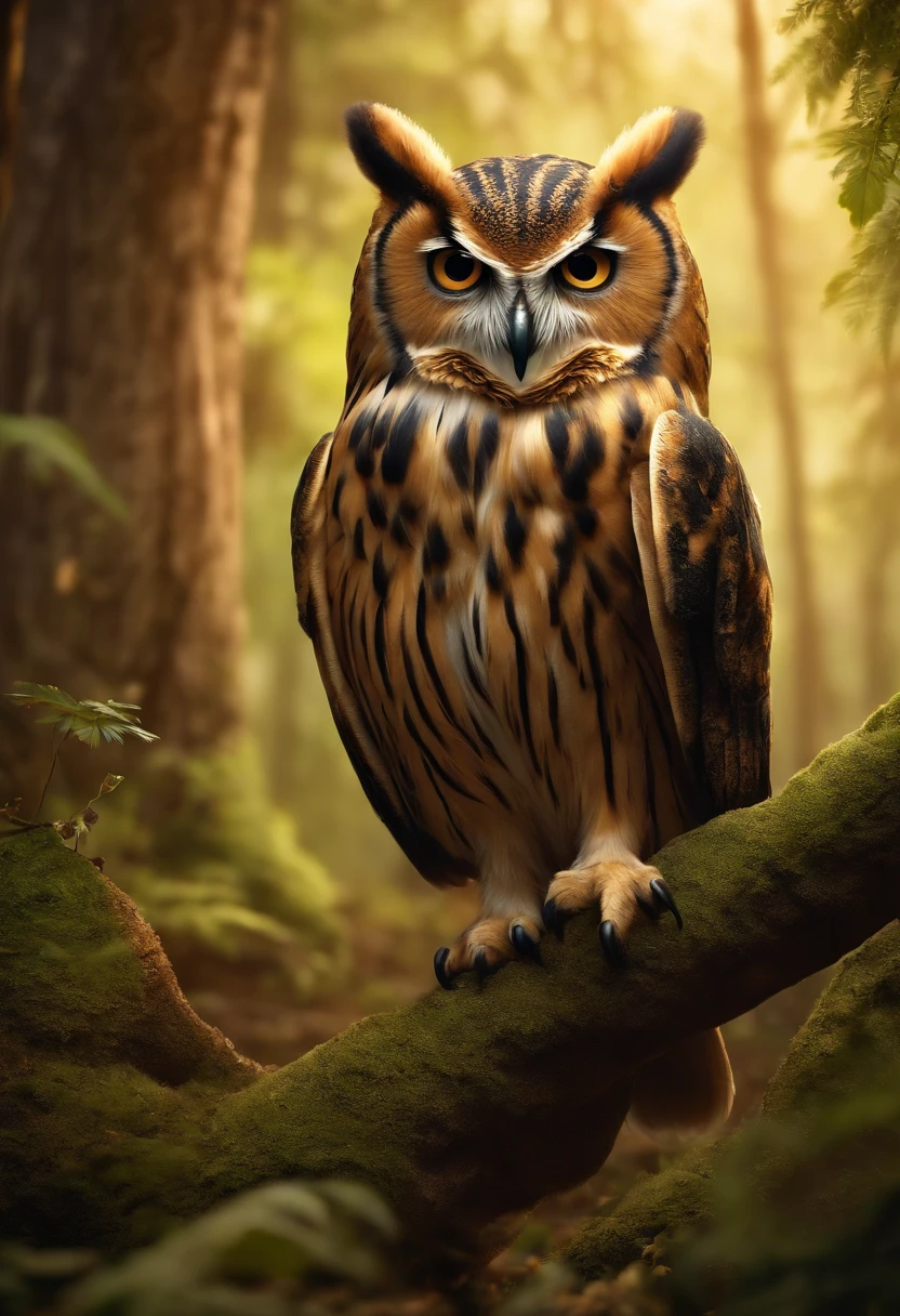 Create a 3D scene of a wise owl teacher, ensinando filhotes de coruja em uma floresta encantada. The owl teacher should be friendly and knowledgeable, with glasses and maybe holding a book or chalk. Os filhotes de coruja devem demonstrar entusiasmo pelo aprendizado. A cena 3D deve retratar a magia da floresta, with soft lighting, Ancient trees and magical elements around
