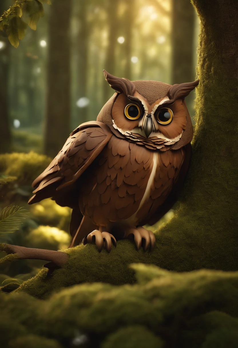 Create a 3D scene of a wise owl teacher, ensinando filhotes de coruja em uma floresta encantada. The owl teacher should be friendly and knowledgeable, with glasses and maybe holding a book or chalk. Os filhotes de coruja devem demonstrar entusiasmo pelo aprendizado. A cena 3D deve retratar a magia da floresta, with soft lighting, Ancient trees and magical elements around
