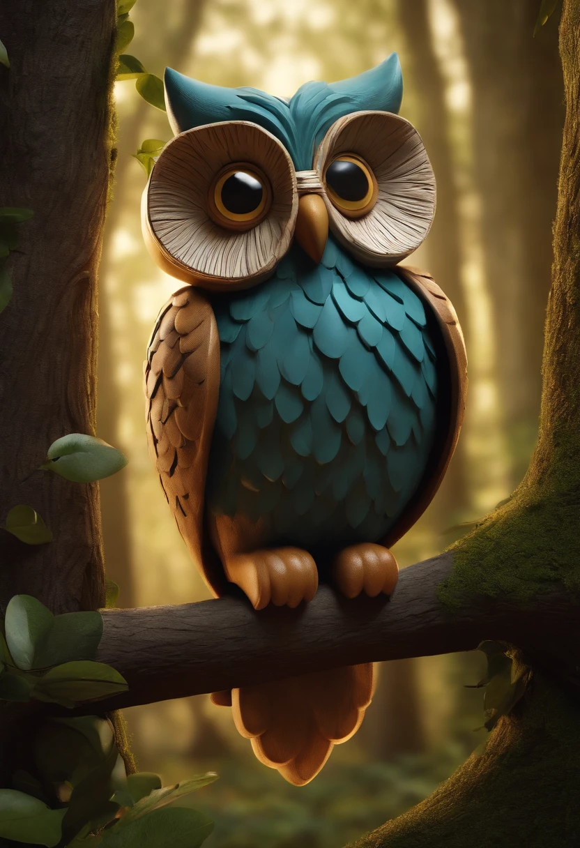 Create a 3D scene of a wise owl teacher, ensinando filhotes de coruja em uma floresta encantada. The owl teacher should be friendly and knowledgeable, with glasses and maybe holding a book or chalk. Os filhotes de coruja devem demonstrar entusiasmo pelo aprendizado. A cena 3D deve retratar a magia da floresta, with soft lighting, Ancient trees and magical elements around