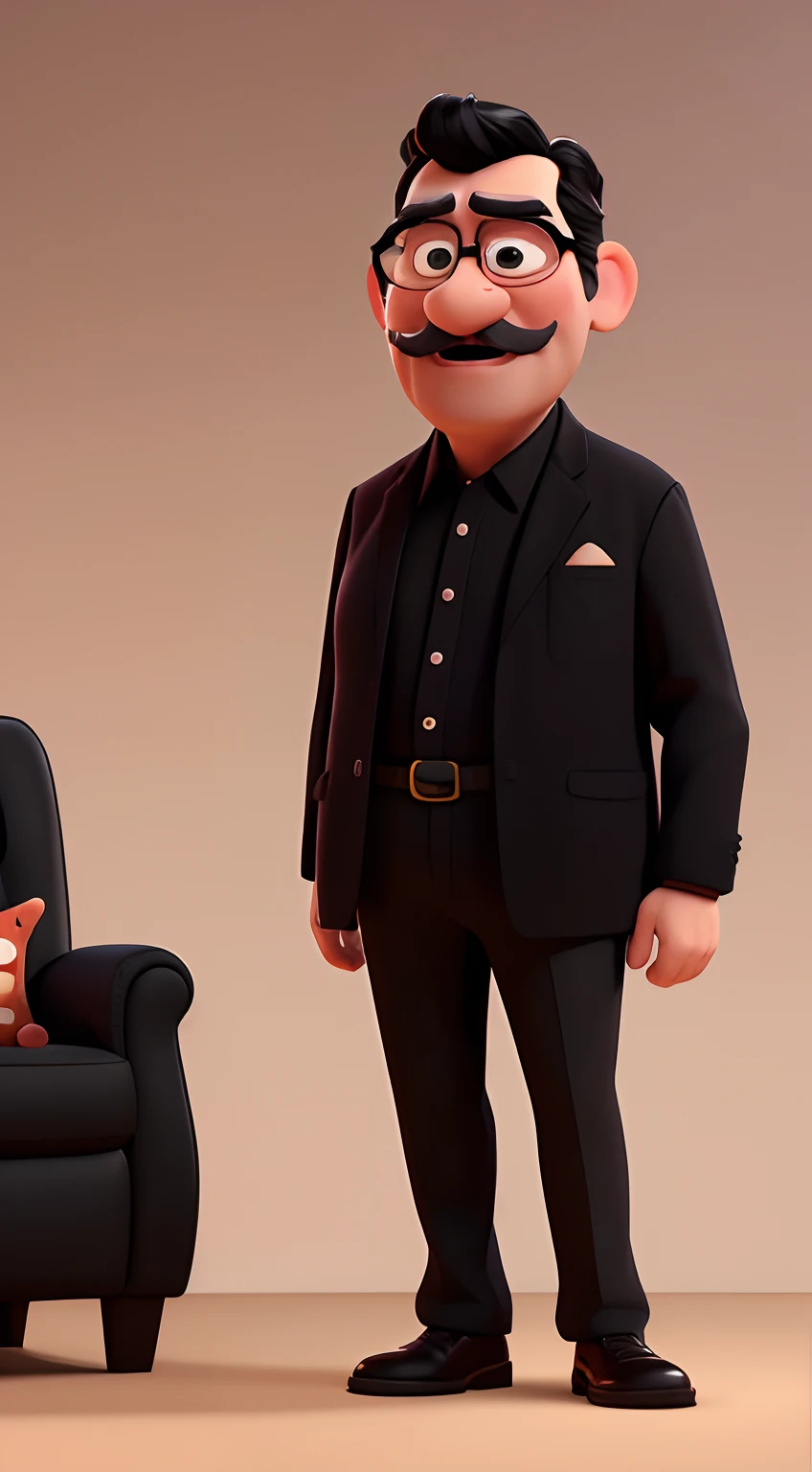 A Disney-Pixar-style 3D movie poster of a 67-year-old TV host with a bulky black mustache, Medium-length black hair in a classic cut, um nariz grande, a cheerful, chubby expression, vestido com um terno preto com uma camisa social listrada por baixo, em um plano de fundo exibindo um programa de TV.