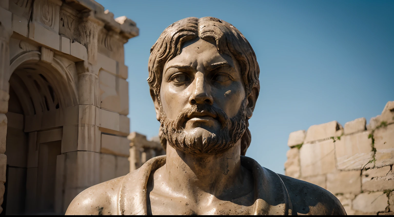 Ancient Stoic Statue With Very Angry Expression, tem barba, muitos detalhes em ambos os olhos, Outside, fundo atenas grego, open sky, com rosto extremamente detalhado full body view, Colors with low saturation with dark tone, Filmado em Sony A7S III com Sony FE 35mm f/1.8, 12.1 MP, --AR 3:2 --estilo cru