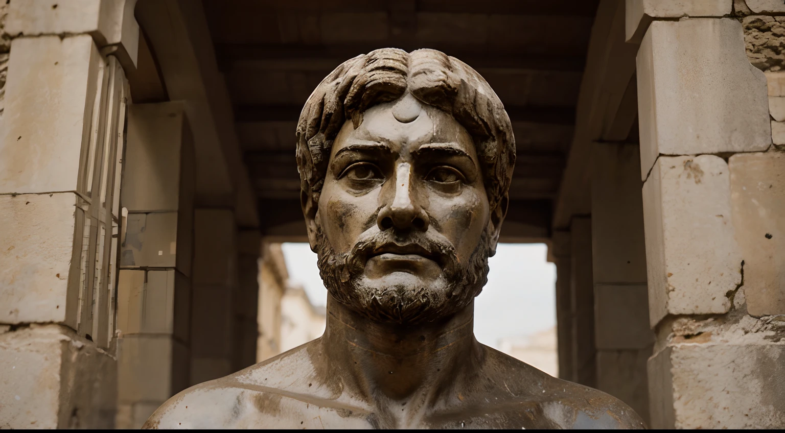 Ancient Stoic Statue With Very Angry Expression, tem barba, muitos detalhes em ambos os olhos, Outside, fundo atenas grego, open sky, com rosto extremamente detalhado full body view, Colors with low saturation with dark tone, Filmado em Sony A7S III com Sony FE 35mm f/1.8, 12.1 MP, --AR 3:2 --estilo cru