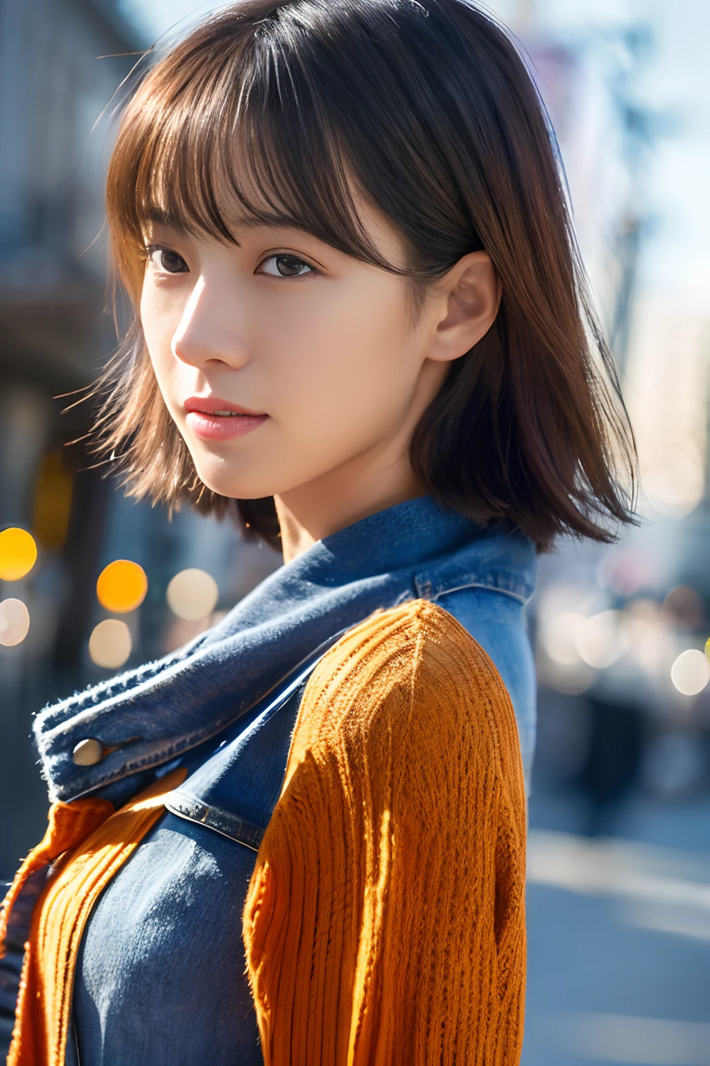 ((top-quality、in 8K、masterpiece:1.3))、foco nítido:1.2、Beautiful woman perfect body:1.4、Slim abs:1.2、((Very short hair:1.2))、(Dark Orange Knitwear、denim:1.1)、(Sateen、a street:1.2)、wetbody:1.5、Three-dimensional texture、A detailed eye、Brown hair、Very shiny hair、posterior view、Hair quality improvement、