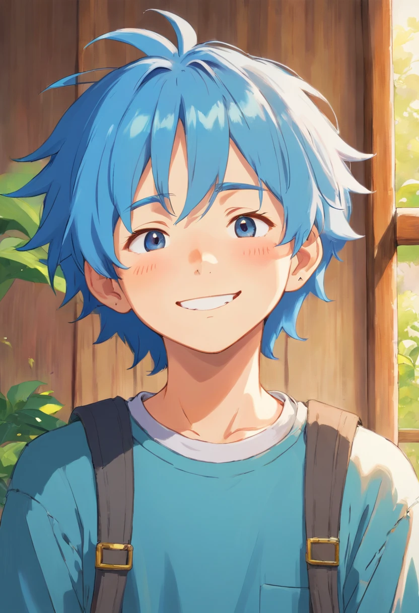 a boy with closed eyes smiling kindly and calmly forward, he has blue hair and a beautiful face of a *********** boy. his clothes are Y2k style and he has a small star earring in his left ear, he is kind