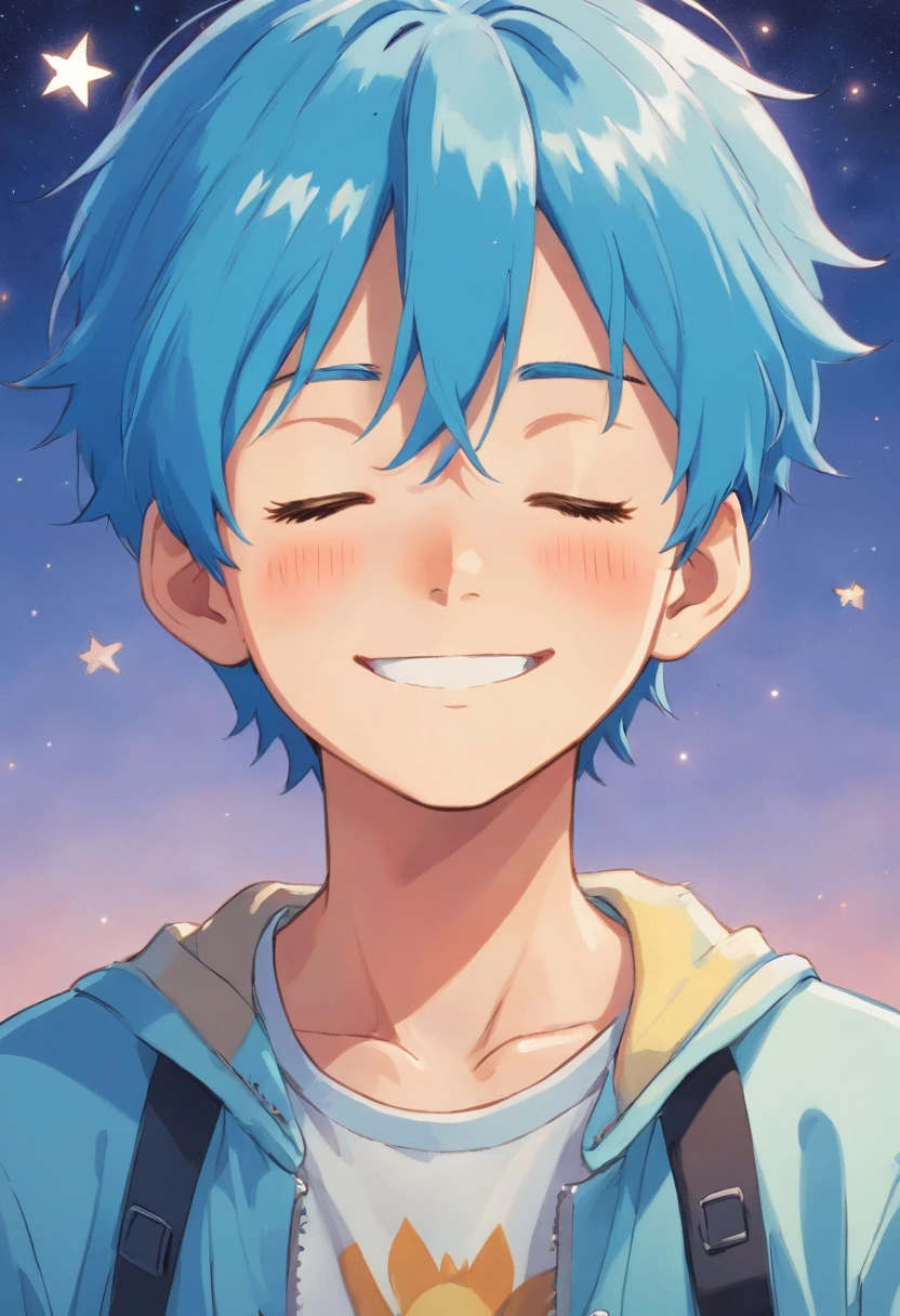 a boy with closed eyes smiling kindly and calmly forward, he has blue hair and a beautiful face of a  boy. his clothes are Y2k style and he has a small star earring in his left ear, he is kind