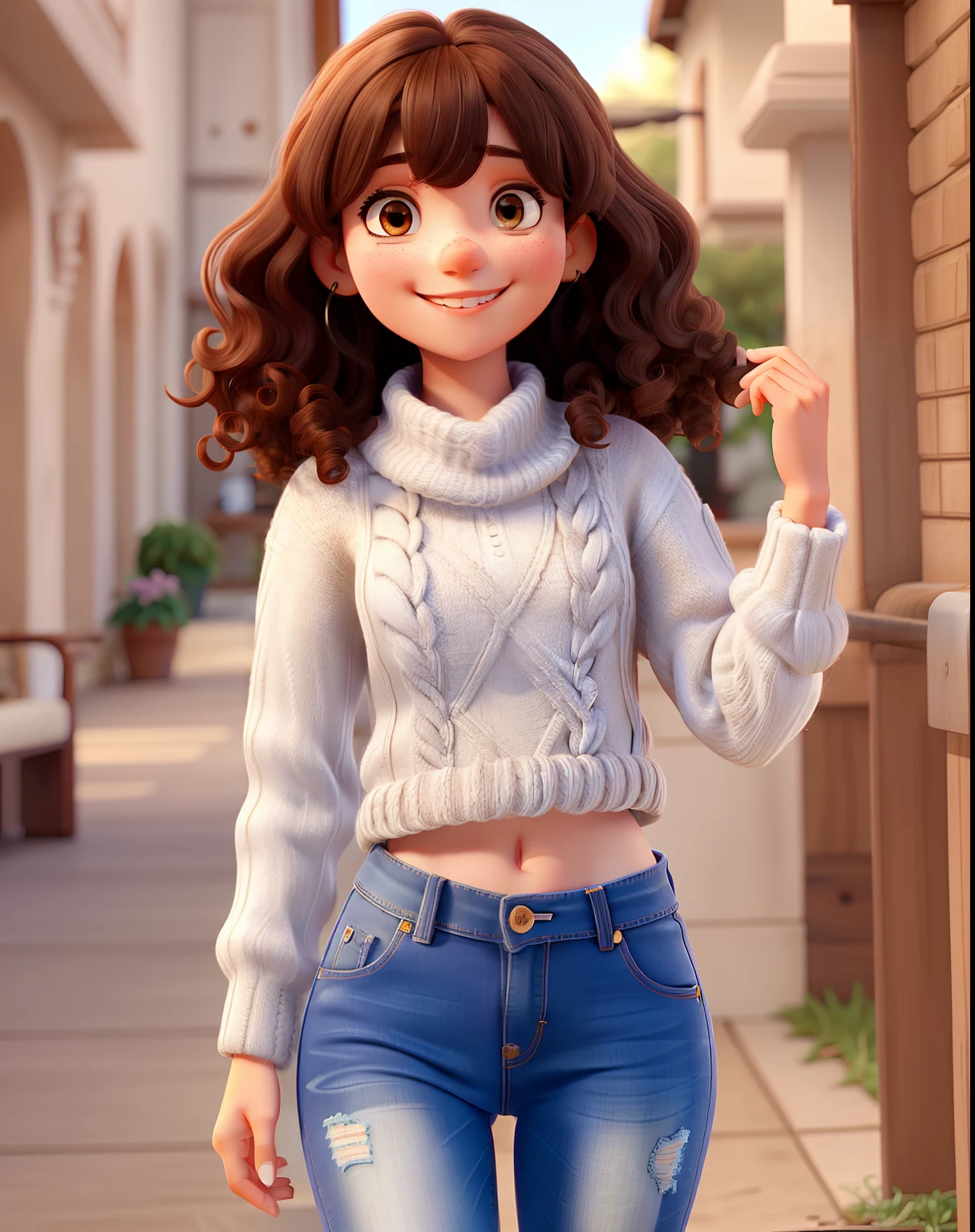 A beautiful girl with medium curly hair with bangs and dark brown, Dark eyes in jeans and white knitting smiling