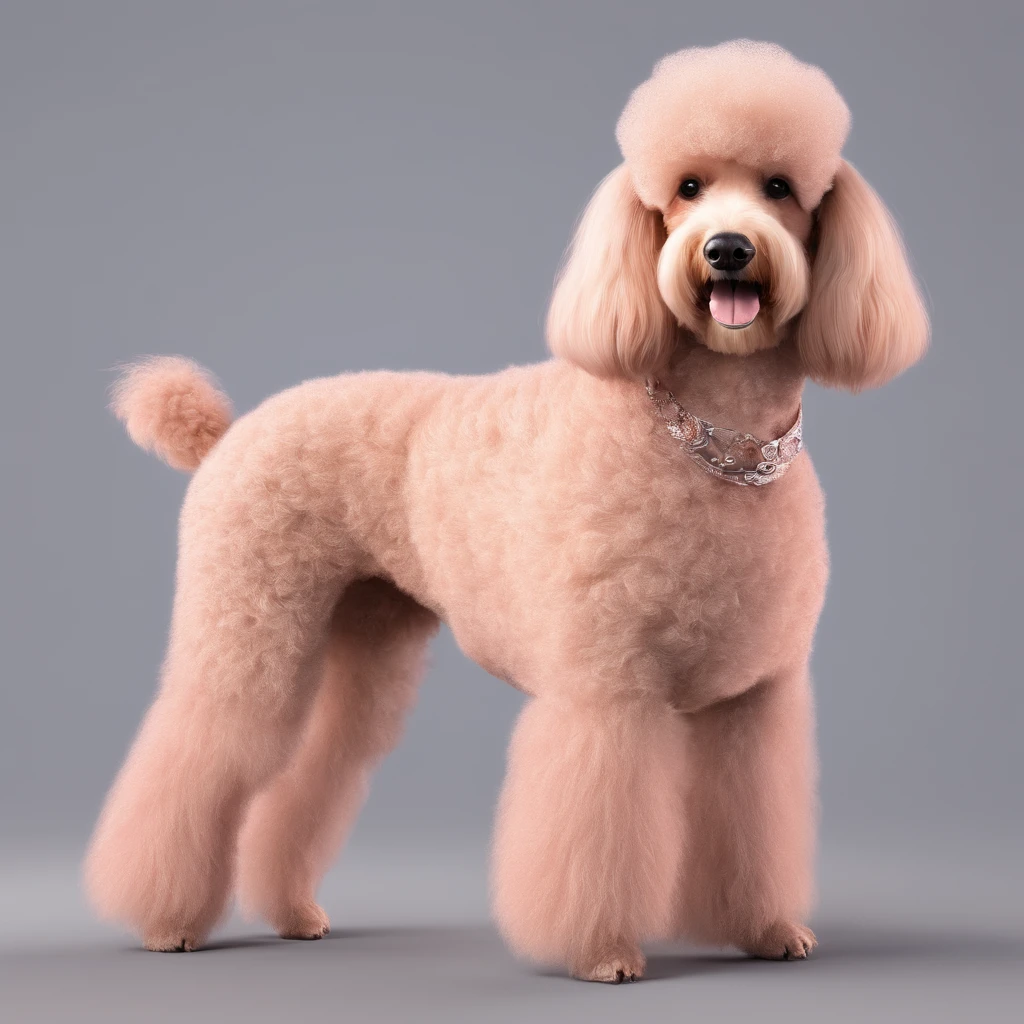 Rosy mulher de cabelos crespos compridos segurando seu cachorrinho poodle cinza Claro