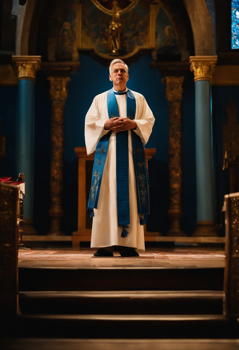 full body photograph priest standing in a tunic and stole at altar with a blue ribbon on his chest