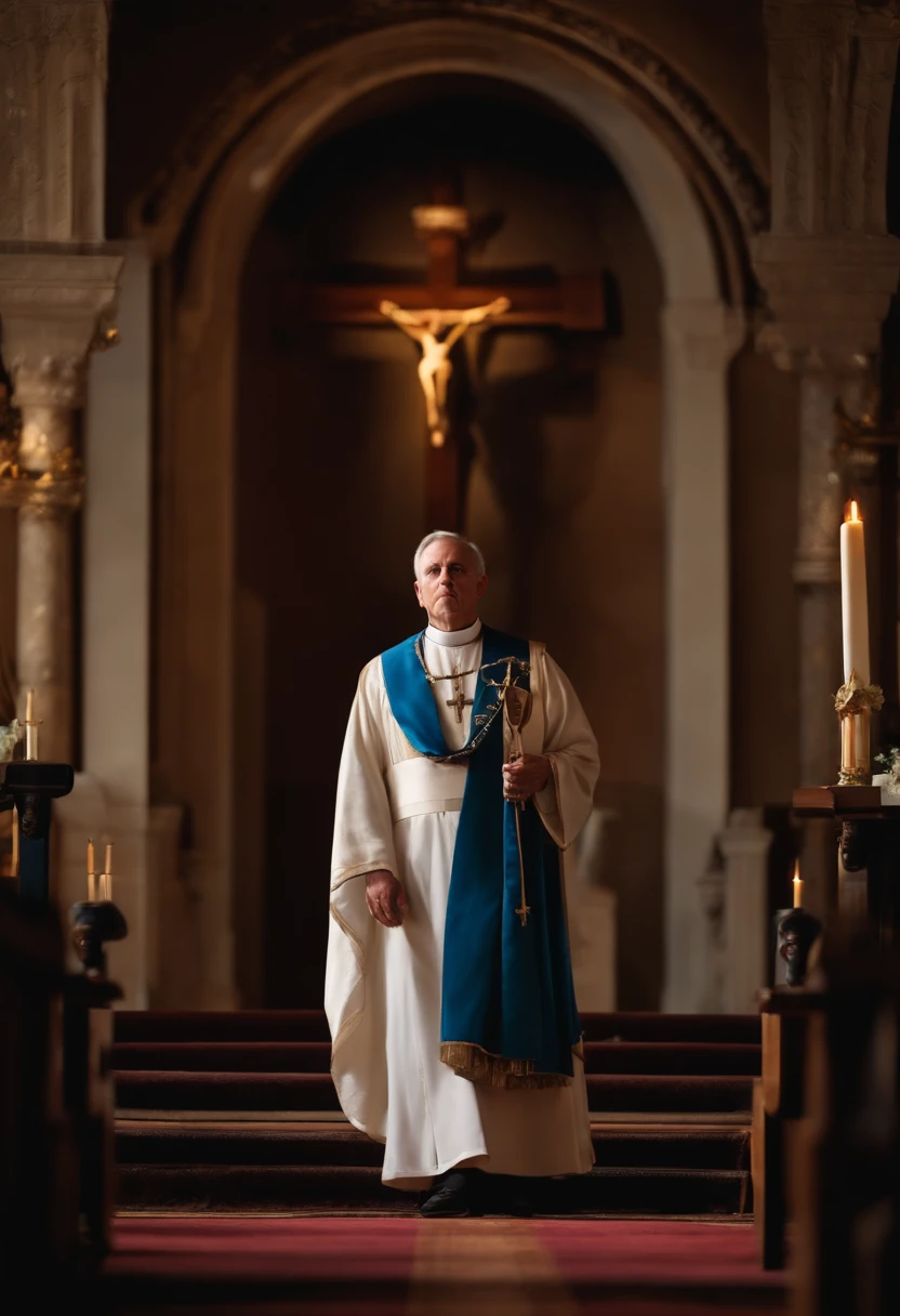 full body photograph priest standing in a tunic and stole at altar with a blue ribbon on his chest