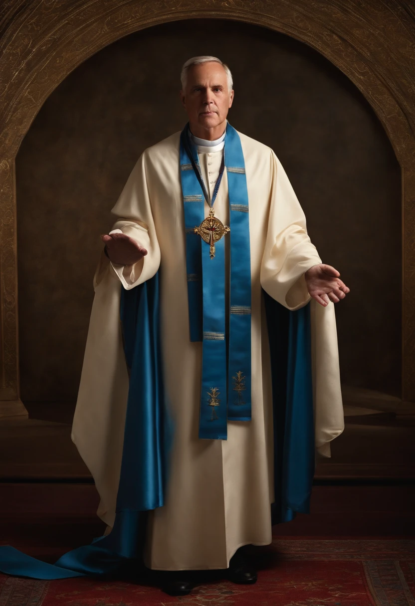 full body photograph priest standing in a tunic and stole at altar with a blue ribbon on his chest