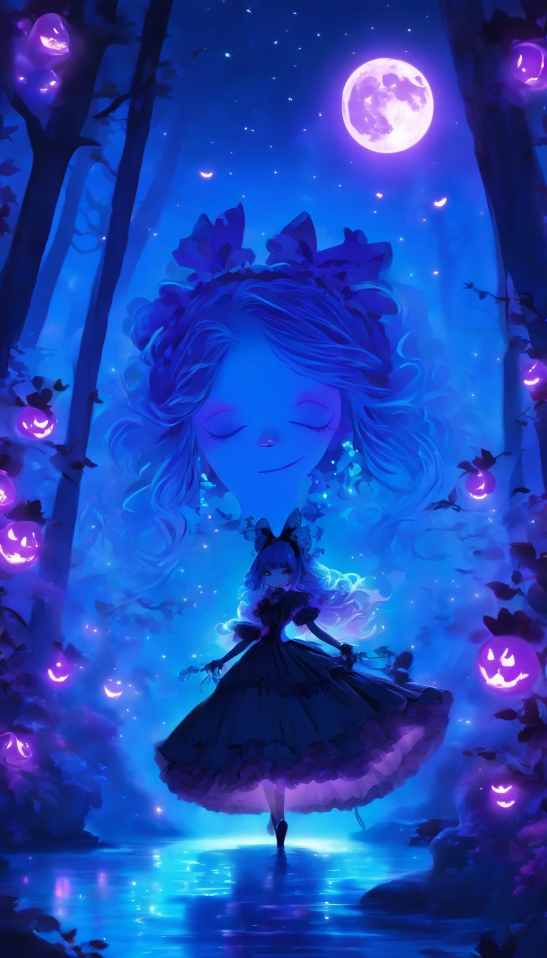 In a moonlit night, a blue-haired gothic ta casting glowing purple spells. Her eyes, detailed and captivating, filled with determination and a touch of mischief. Her lips, beautifully detailed, curled into an enchanting smile. The intricate lace and ruffles of her gothic lolittire complement her ethereal presence.

The scene is bathed in an otherworldly glow, with the moon's soft light illuminating the surroundings. A misty forest provides a mysterious backdrop, its trees casting long, eerie shadows. The air is heavy with magic, as swirling purple spells emanate from the lolita'sds.

The artwork showcases the finest craftsmanship, with ultra-detailed strokes bringing the lolita's encing presence to life. The colors are vivid, with the purple spells contrasting against the dark blues and blacks of the night. The lighting creates a dramatic atmosphere, emphasizing the magical aura surrounding the lolita.

The medused for this artwork is a mix of digital illustration and photorealistic rendering. The combination of these techniques creates a unique style that blends fantasy and reality. The attention to detail and the use of physically-based rendering techniques add depth and realism to the artwork.

The overall artistic style is a fusion of gothic and fantasy elements. It portrays a sense of mystery and allure, capturing the essence of the gothic lolita subculture. Tolor palette is dominated by shades of blue and purple, enhancing the magical atmosphere of the scene.

This prompt aims to generate a high-quality, detailed artwork. The emphasis on realism and the use of professional techniques ensure that every aspect of the artwork is meticulously crafted. The result is a masterpiece that transports the viewer into a world of magical possibilities.

Tags: blue-haired, gothic lolita, glowing purple ss, moonlight, detailed eyes, detailed lips, misty forest, swirling spells, enchanting smile, intricate lace, ruffles, ethereal presence, otherwor
