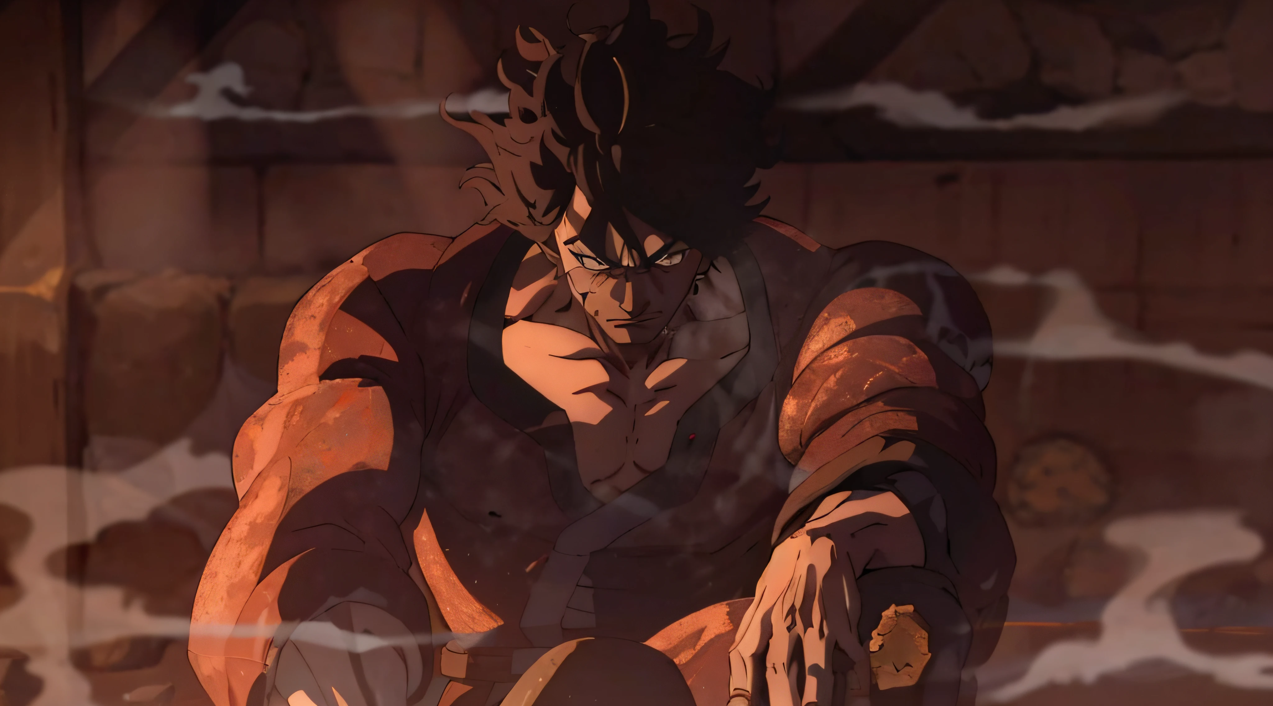 anime character sitting on a rock with a sword in hand, Engrenagem Luffy 5, Captura de tela de Black Clover, afro samurai animes style, Baki o Grappler, estilo Baba, 2 0 1 9 captura de tela do anime, estilo anime afro samurai, Captura de tela do anime Guro, badass anime 8 k, Baba, captura de tela do filme anime, no filme de anime