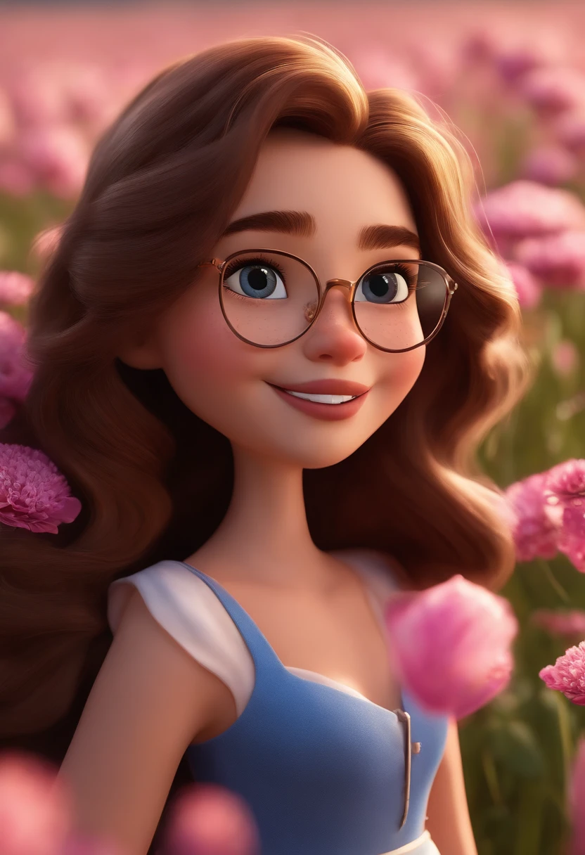 Pixar style image with 3D character eyes Brown wearing gold glasses brunette 17-years-old girl medium wavy brown hair, round face, pink and big lips, wearing a blue dress, in a field of flowers Maquiagem Disney,fofo, adolable, sorridente ,Close-up, Pixar, Disney, Cinema lighting,
