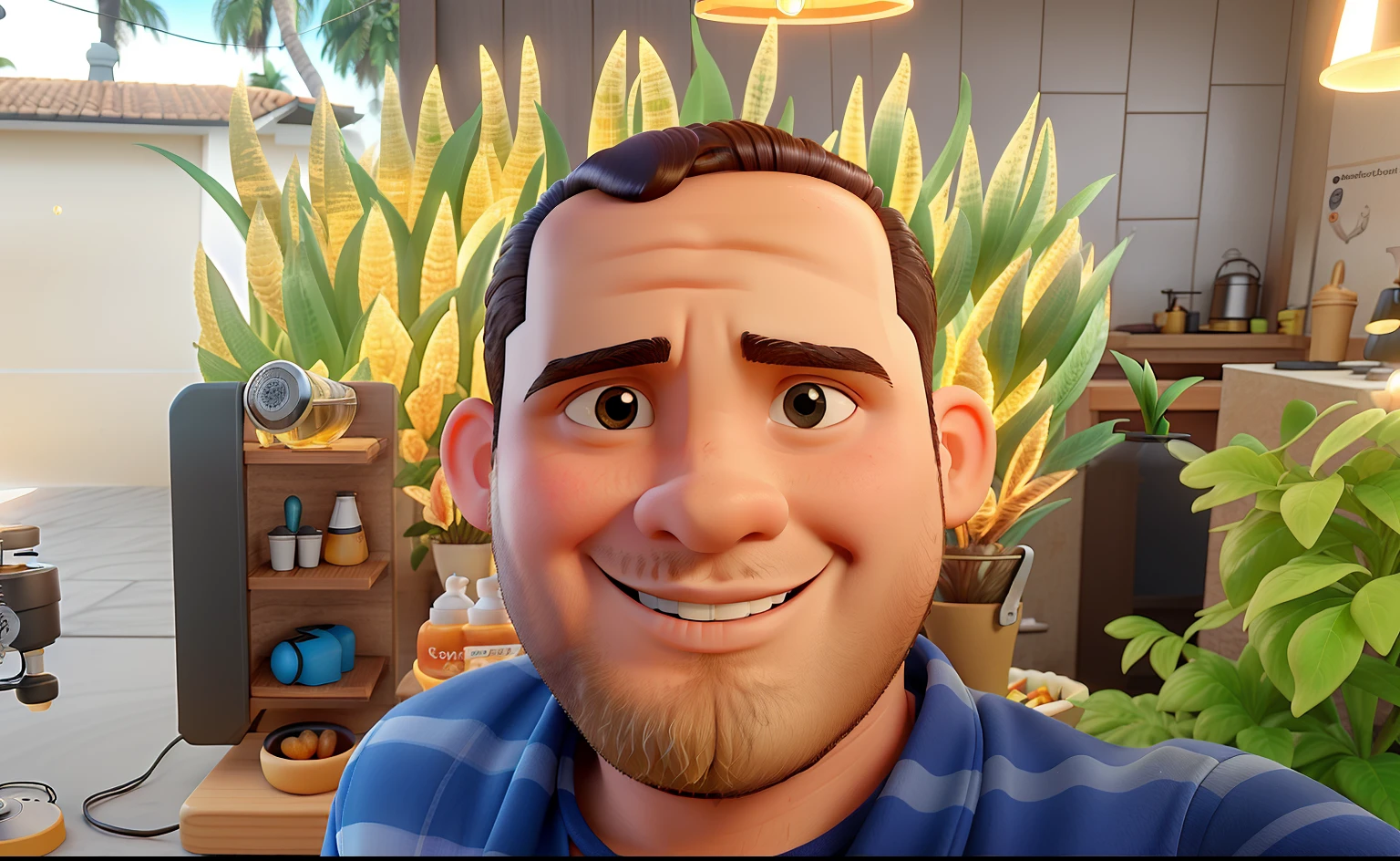 Um gordinho de cabelo cortado em volta de uma cadeira de barbeiroaltura de 1,70, illuminated by the light of a lamp, contra o pano de fundo de uma barbearia