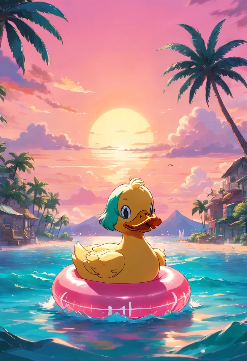 Duck wearing glasses in an inflatable ring, Beautiful sea, Sunset in pink tones , Against the backdrop of an island with palm trees
