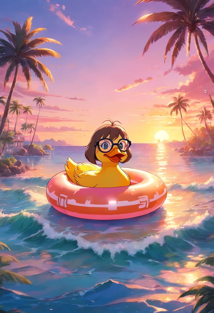 Duck wearing glasses in an inflatable ring, Beautiful sea, Sunset in pink tones , Against the backdrop of an island with palm trees