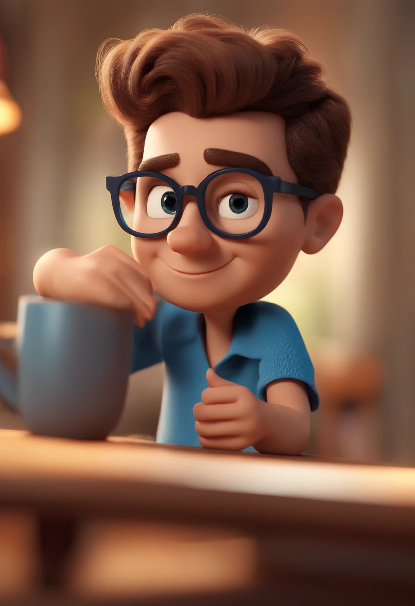 Cartoon character of a man wearing black glasses and a blue shirt, um personagem animado, Caractere estilizado, animation style rendering, 3D estilizado, Arnold Maya render, 3 d render stylized, toon render keyshot, Personagem 3D, Personagem 3D, 3d rendering stylized, 3 d character render, personagem de desenho animado, Personagem de close up, Pose de personagem, (Estilo Pixar) (master part:1.2) (Bokeh) (best quality) (pele detalhada) (textura detalhada) (8k) (argila) (Cinematic lighting) (foco nítido,Senta e vaza a parte superior do corpo