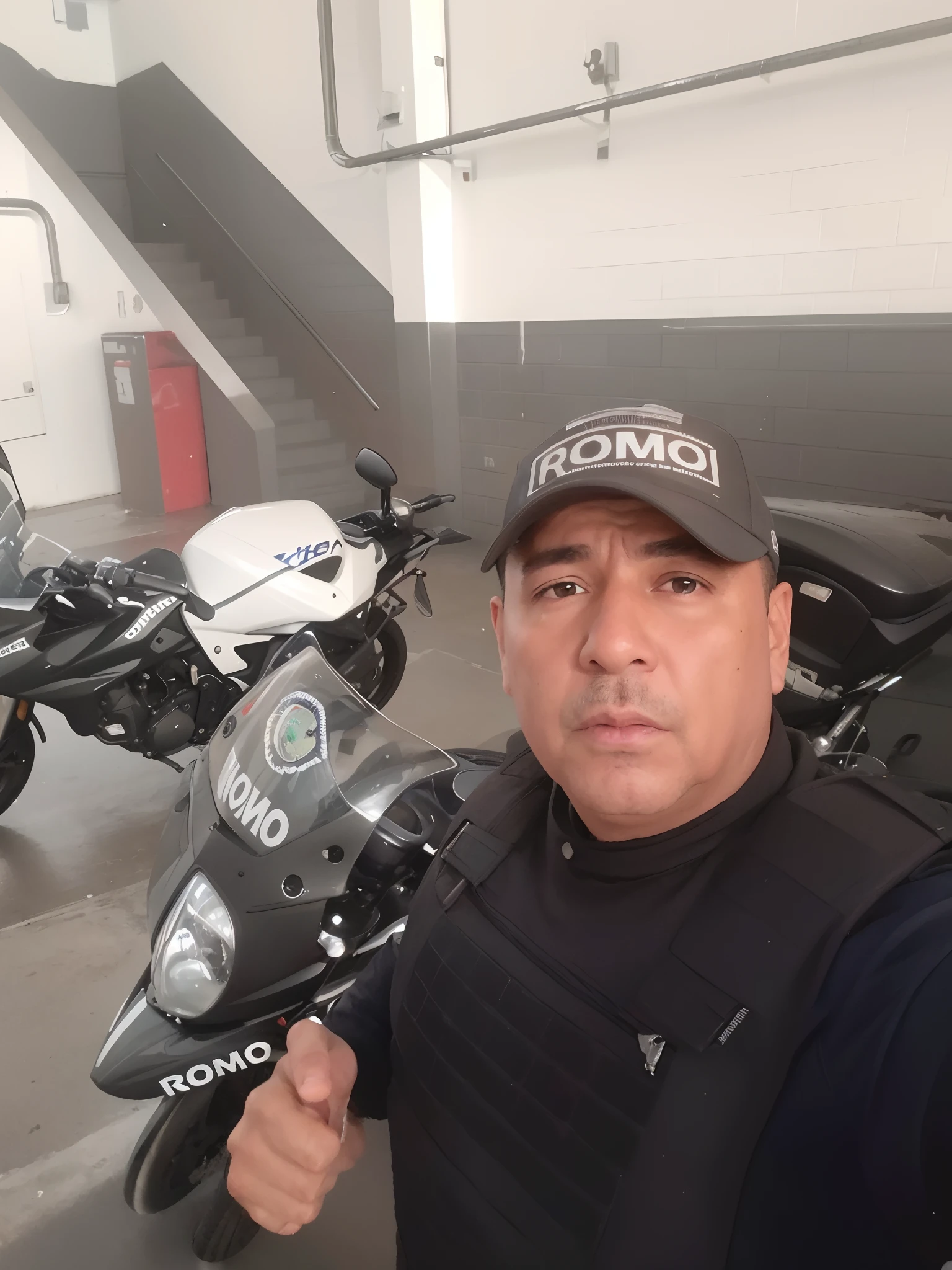 There is a man next to a motorcycle in a garage, Rosemary Ressendi, fotografia, Eloy Morales, Jose Miguel Romano Francisca, Directed by: Rodolfo Morales, Police man!!, imagem frontal, Carmelo Blandino, david rios ferreira, danilo torres, 👰 🏇 ❌ 🍃, andres rios, Salustiano Garcia Cruz, Cristiano Orrillo