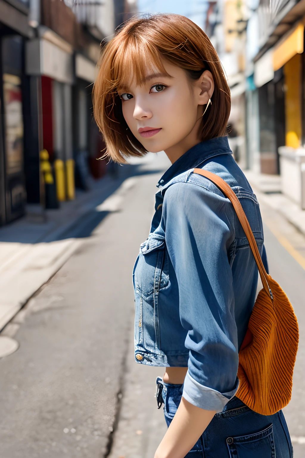 ((top-quality、in 8K、masterpiece:1.3))、foco nítido:1.2、Beautiful woman perfect body:1.4、Slim abs:1.2、((Very short hair:1.2))、(Dark Orange Knitwear、denim:1.1)、(Sateen、a street:1.2)、wetbody:1.5、Three-dimensional texture、A detailed eye、Brown hair、Very shiny hair、posterior view、Hair quality improvement、Handsome short