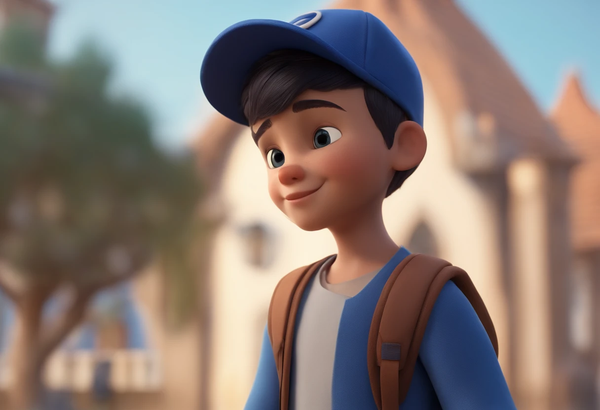 A happy cute boy standing short hair with dark blue cap , vestindo uma camisa azul , , fundo branco, barnet, Tom, Estilo Pixar, ......3d, desenhos animados, rosto detalhado, asymmetrical 16k