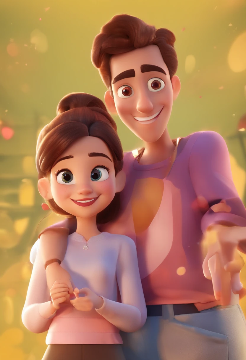 An illustration of an adorable couple, destacando um homem e uma mulher com bonito, Expressive eyes – the man's skin is black and the man's hair is bald and black, while the woman's skin is black and the woman's hair is curly and brown. They are a bright room, cada um com um sorriso no rosto, e compartilhar um momento especial caracterizado pelo amor, arroz, e insights educacionais. Illustrate this scene from a perspective where they are facing away from the camera, Showing Your Connection. Desenvolva esta arte em Full HD, Focus on your cinematic touch, Estilo Disney Pixar Animations