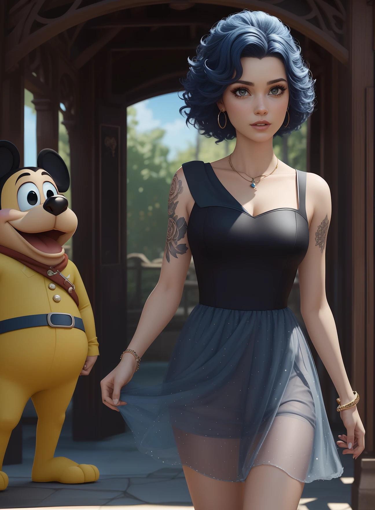 Disney Pixar Bruxa com cabelo castanho escuro encaraculado medio olhos cor de mel com vestido dourado brilhante e tatuagens no braco direito todo e piercing de argola no nariz.