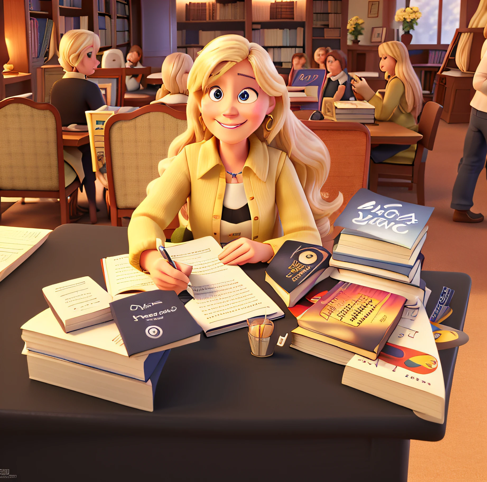 50 years old blond woman with black eyes smiling while signing your book, long hair, disney pixar, high quality, best quality, library backgound withou focus